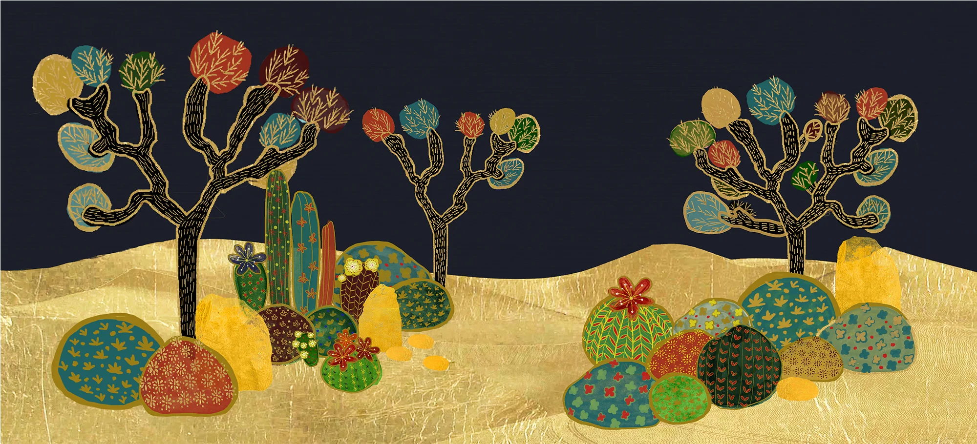 Joshua Desert Embellished Luxury Wallpaper: A dynamic desert landscape under a black sky, with cactus and golden sand, designed for exclusive interior settings.