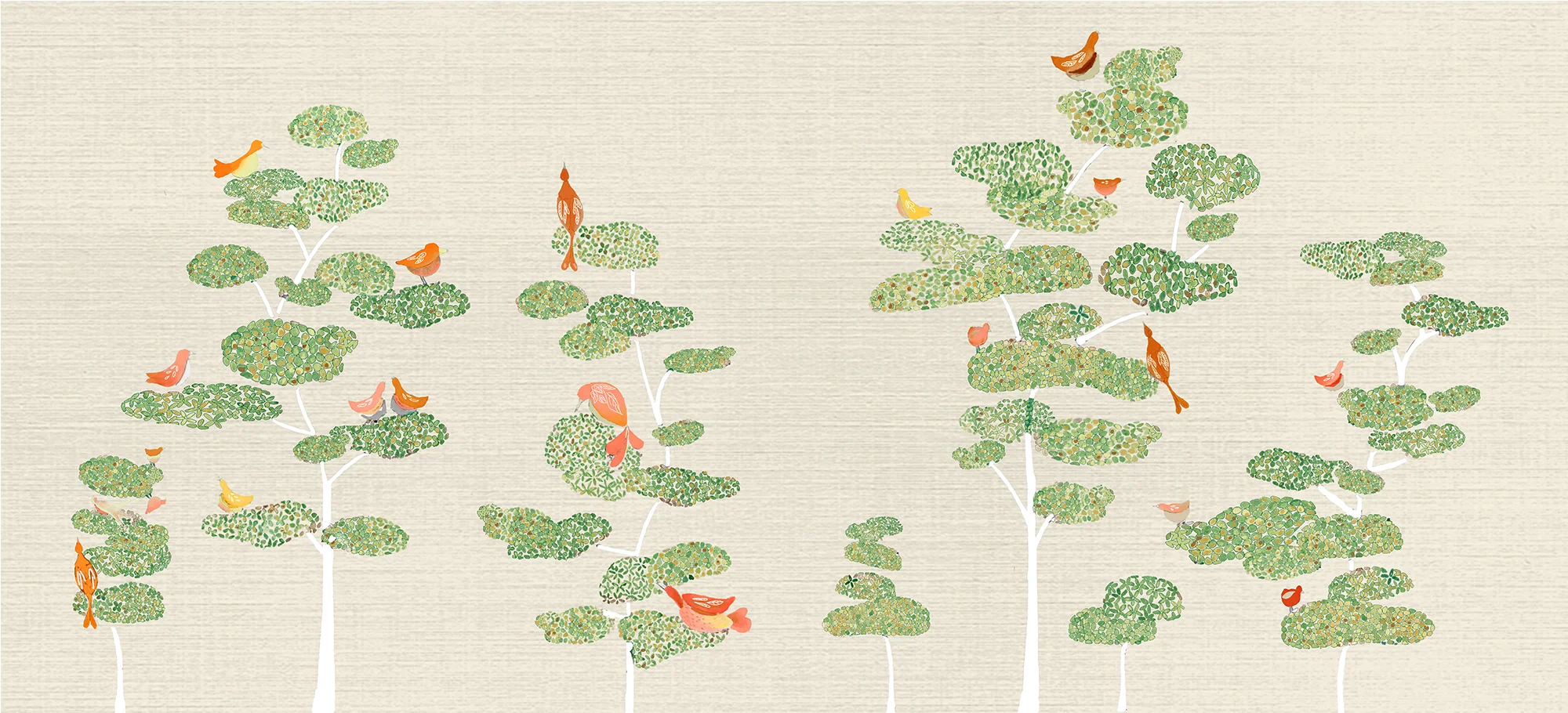 Designer hand-painted wallpaper from Cloud Tree, depicting a tranquil light green landscape with verdant trees adorned with birds in orange earthy hues, suitable for luxury interiors.