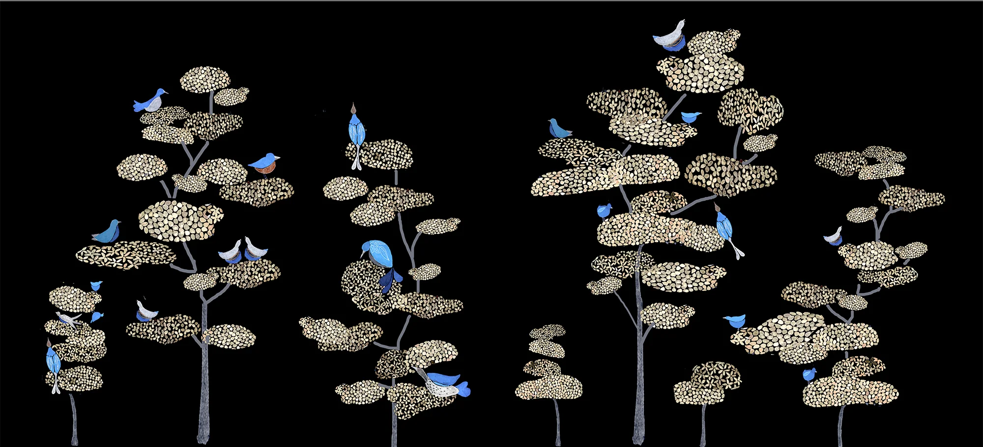 Cloud Tree silk wallpaper showcasing a tranquil black landscape with gold verdant trees and birds in blue hues, ideal for sophisticated and elegant interior designs.