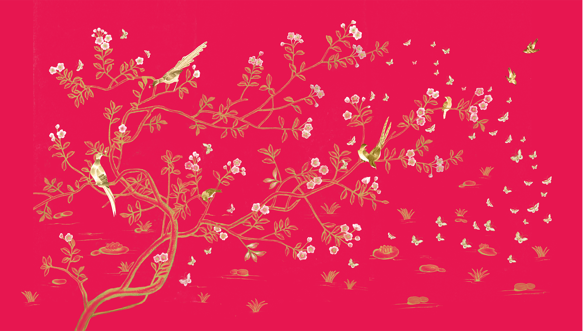Luxury wallpaper from the Love and Beauty Collection featuring hand-painted birds and butterflies on a gold tree against a serene reddish-pink background, perfect for luxury interior decoration.