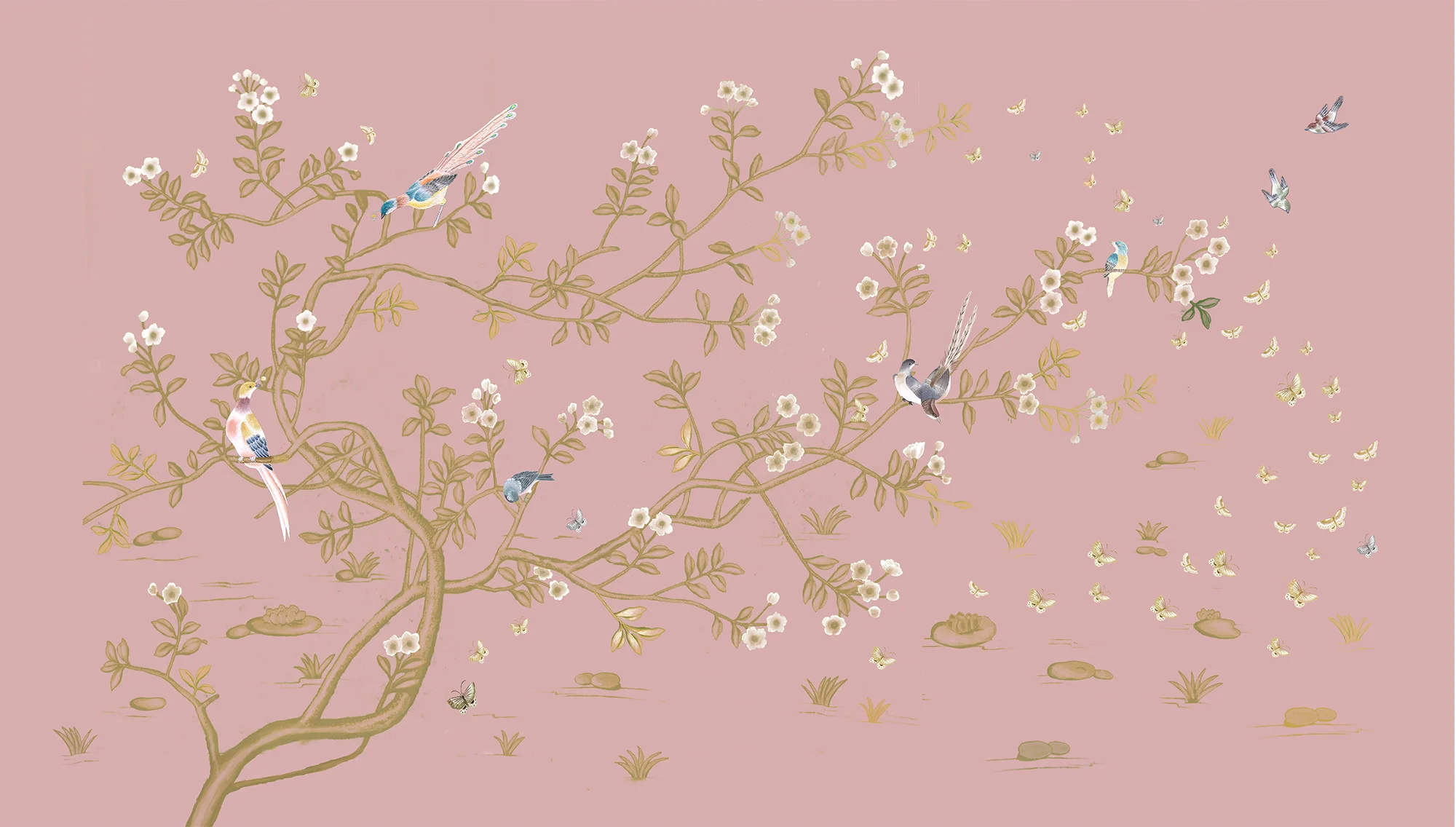 Designer hand-painted wallpaper with birds and butterflies on a gold tree, set against a serene pale chestnut background from the Love and Beauty Collection, enhancing any luxury interior.