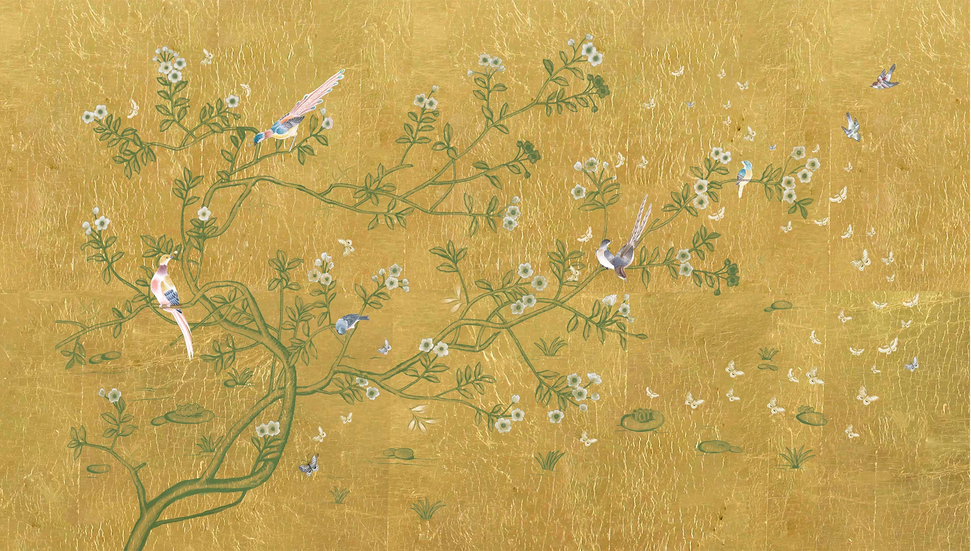 Silk wallpaper showcasing hand-painted birds and butterflies on a gold tree with a matching gold background, from the Love and Beauty Collection, ideal for sophisticated decor.