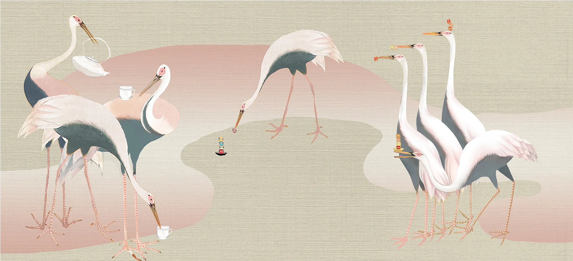 Edo Cranes & Macarons Hand-Painted Wallpaper