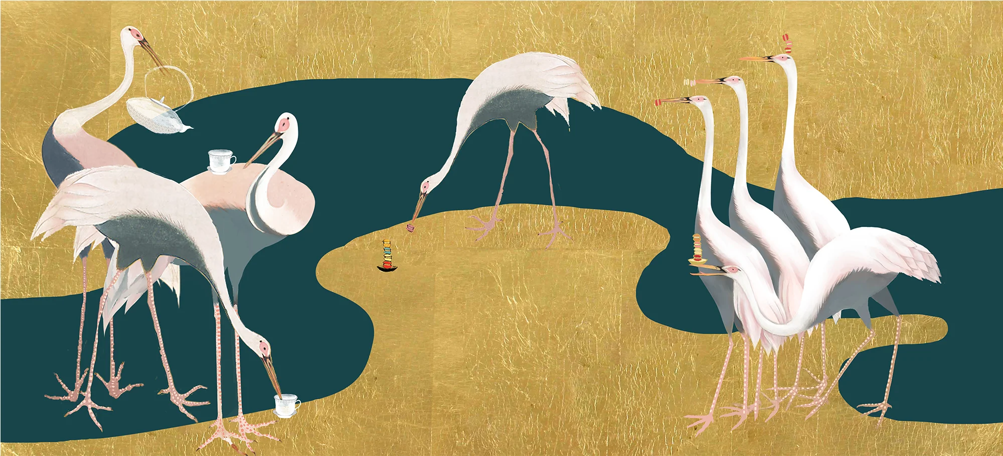 Edo Cranes & Macarons Hand-Painted Wallpaper