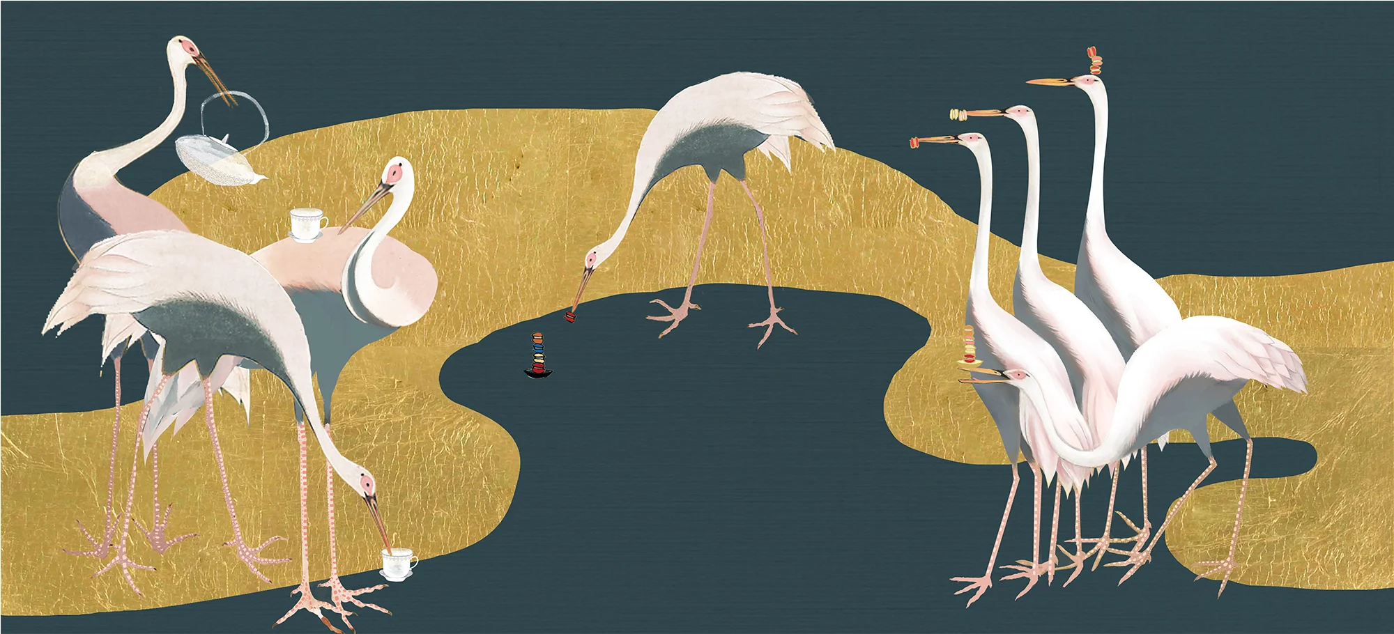 Edo Cranes & Macarons Hand-Painted Wallpaper