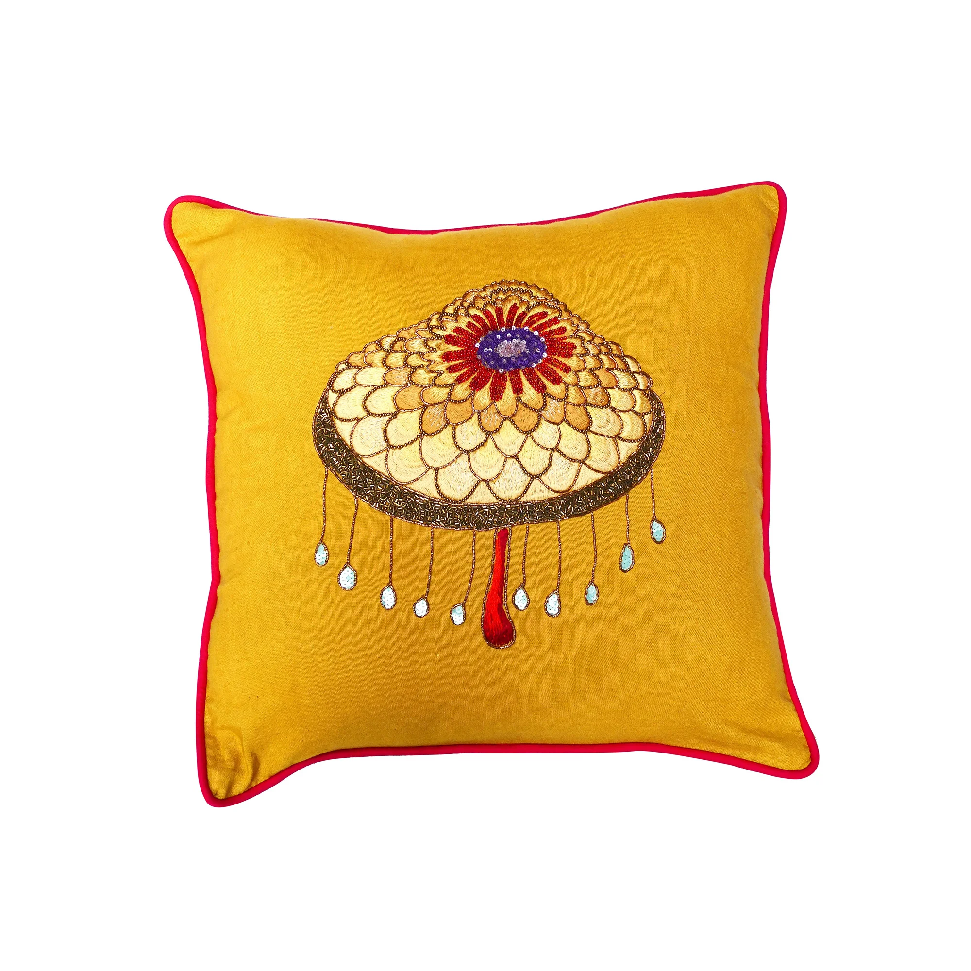 mushroom embroidered on velvet luxury home décor yellow