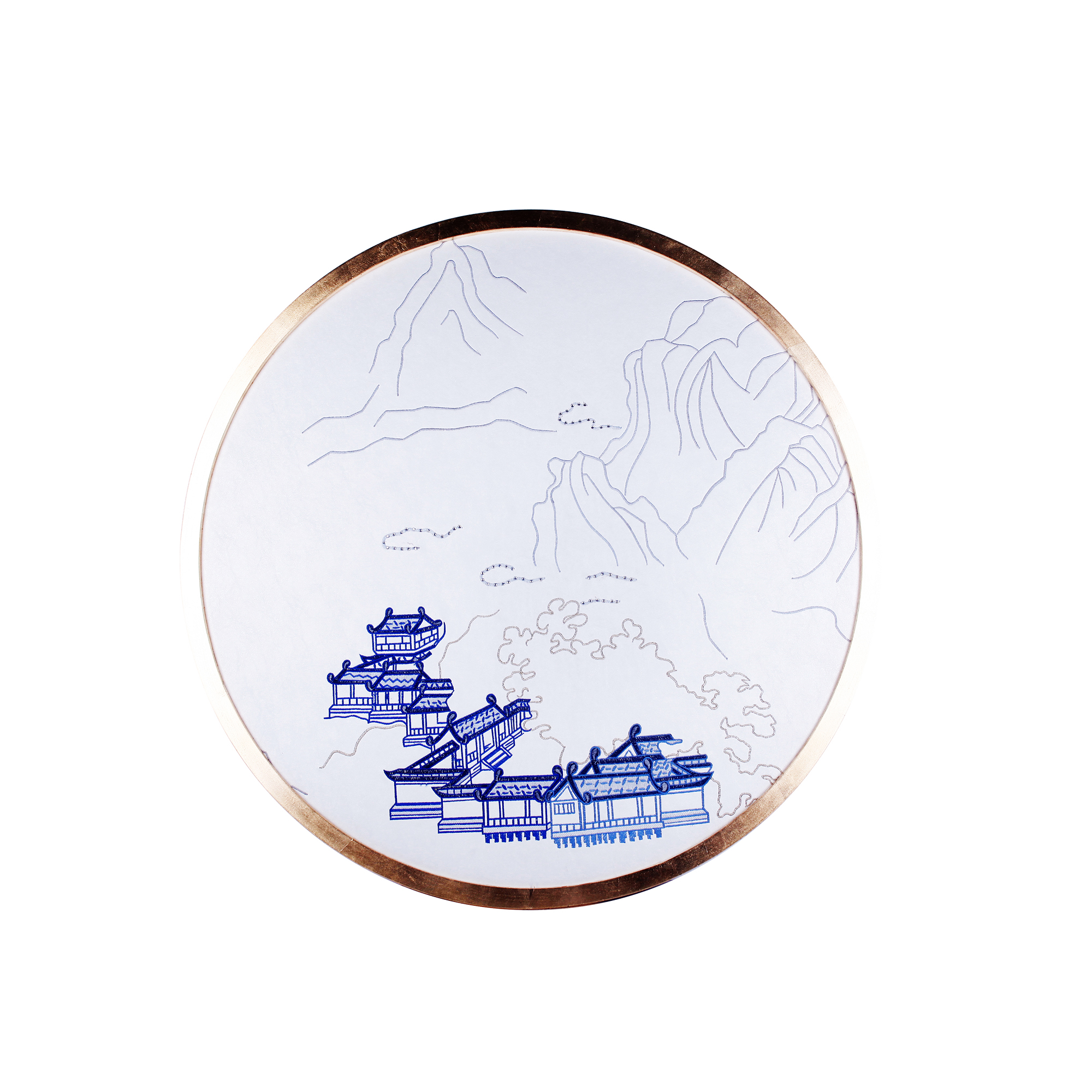 oriental landscape hand painted embroidered leather wallpaper luxury wall décor blue &amp; white