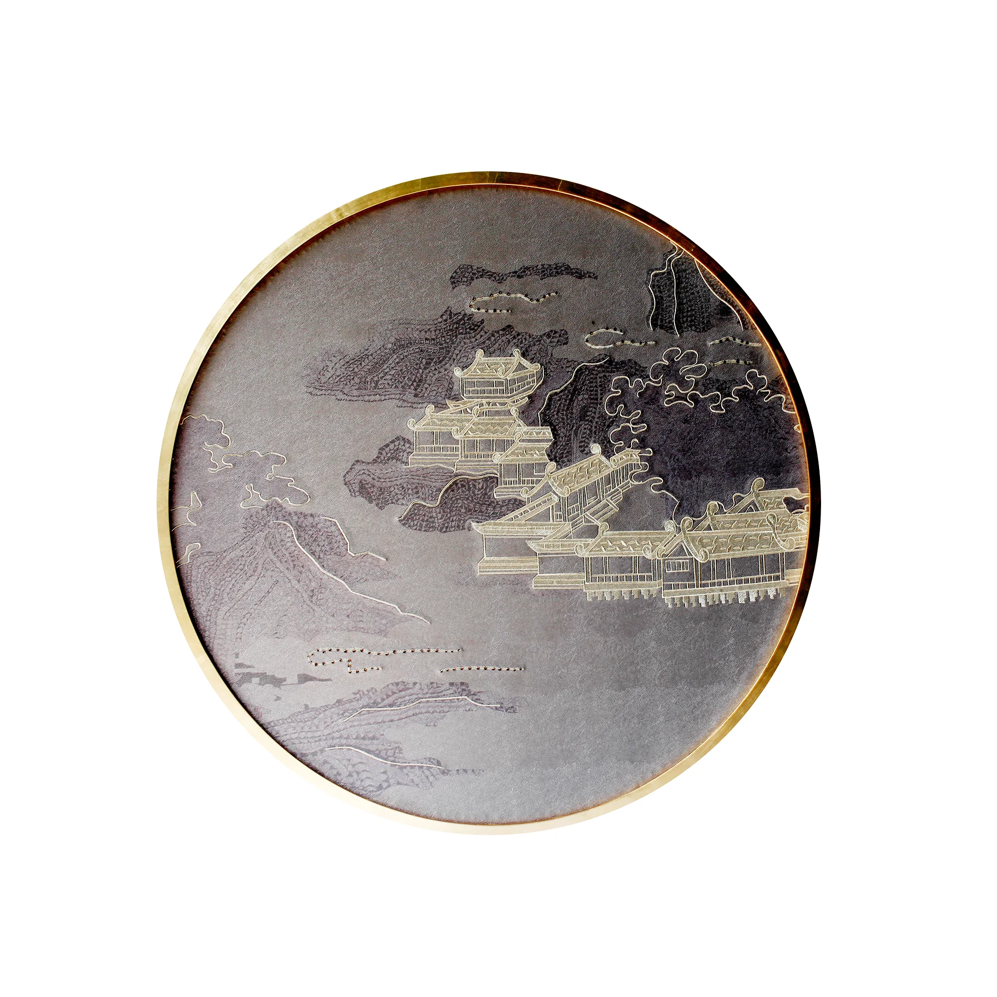 oriental landscape hand painted embroidered leather wallpaper luxury wall décor gold