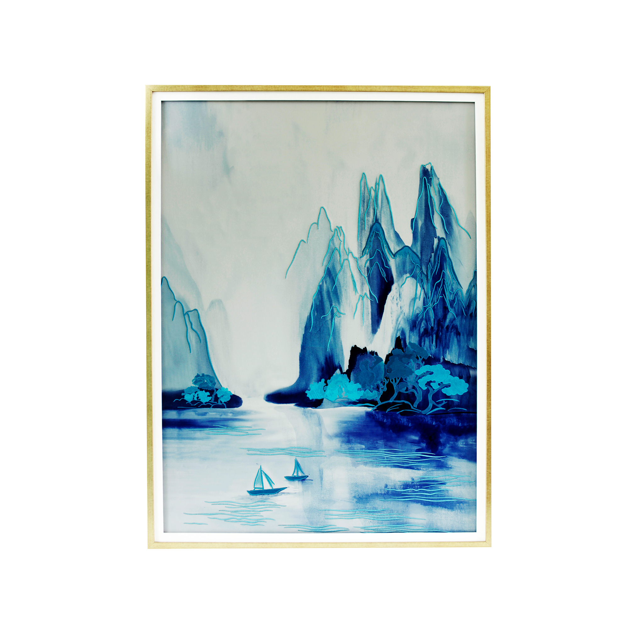 ink mountainscapes hand painted embroidered leather wallpaper luxury wall décor blue