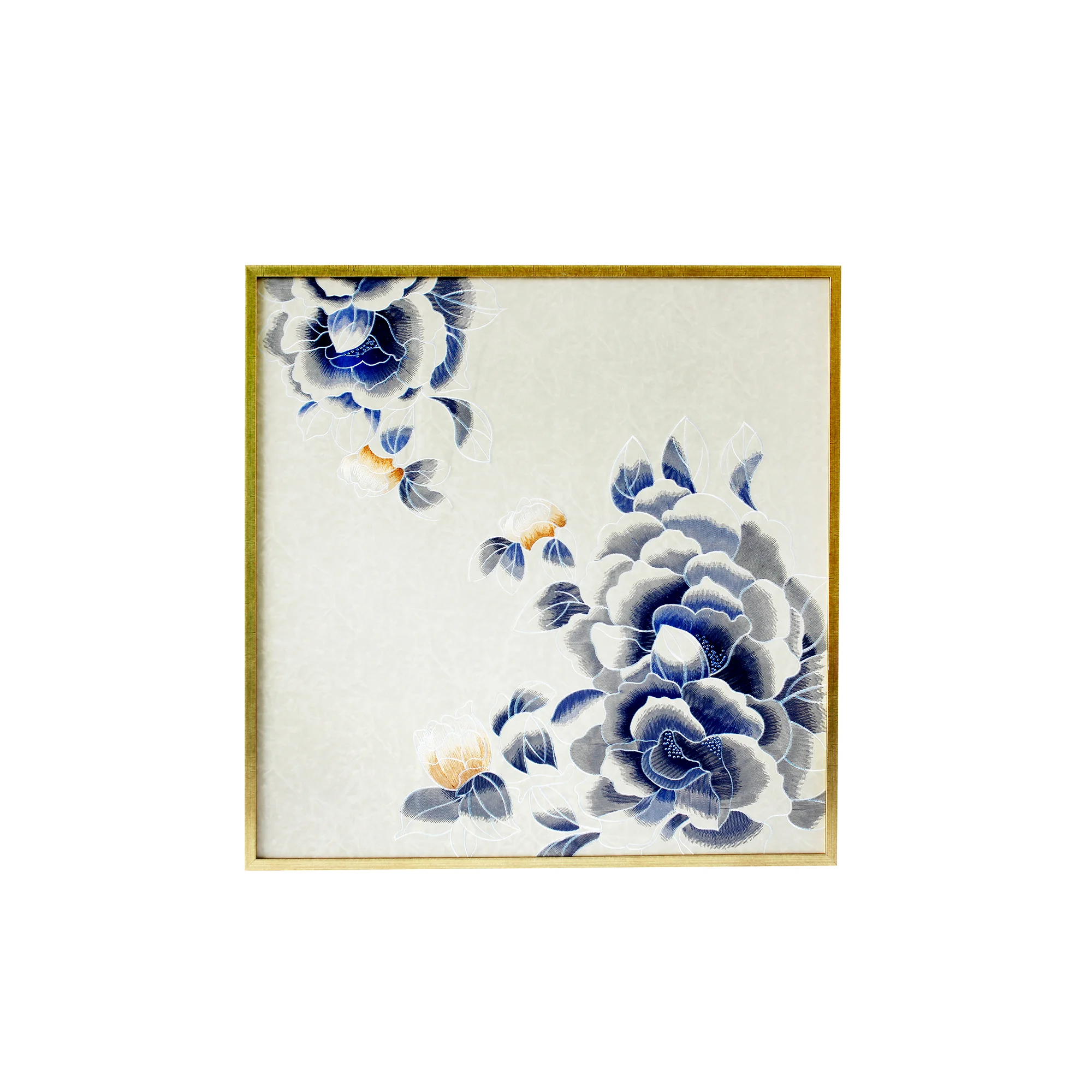 peonies hand painted embroidered silk wallpaper luxury wall décor blue &amp; white