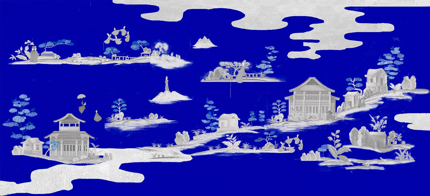 Designer wallpaper with Chinoiserie Village hand-painted blue and white landscape, depicting playful villagers, perfect for creating spaces with a sense of humor and adventure.
