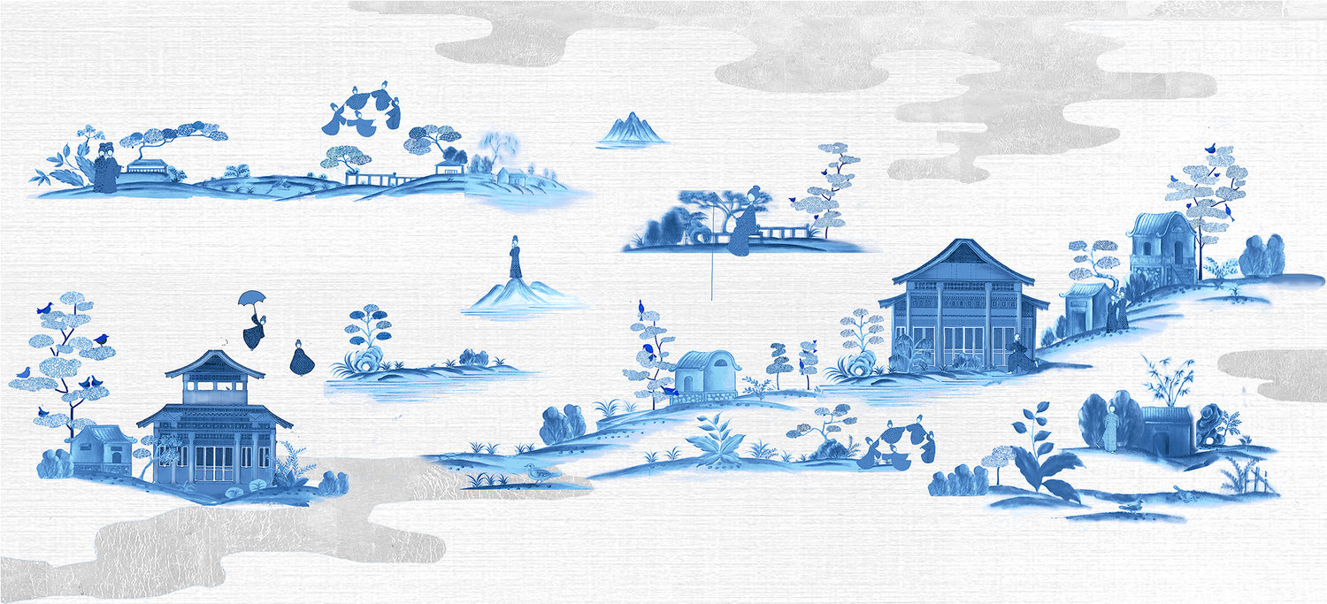 Luxury interior decoration featuring Chinoiserie Village hand-painted wallpaper in a gray, blue, and white landscape with playful villagers, adding a touch of humor and adventure.
