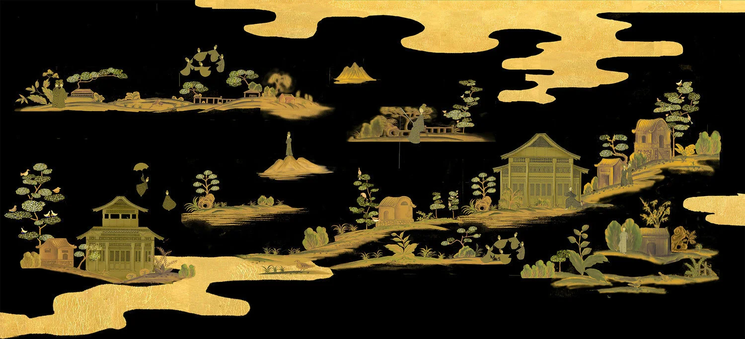 Silk wallpaper by Chinoiserie Village featuring a hand-painted gold and black landscape with playful villagers, ideal for luxury interior designs seeking a humorous touch.