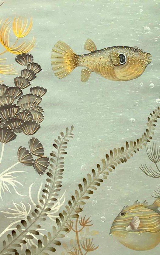  Underwater Jewels luxury silk wallpaper featuring a detailed coral reef with colorful fish, seaweed, and pearls, designed for exquisite interior spaces by top interior designers. 