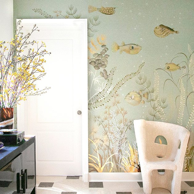  Vibrant designer silk wallpaper hand-painted with underwater scene including puffer fish, angelfish, clownfish, corals, and seaweed, embodying luxury interior decoration. 