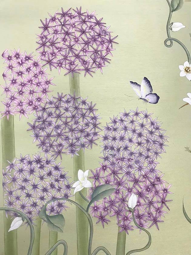  Elegant hand-painted wallpaper with purple hydrangeas and an orange monarch butterfly on a green backdrop, perfect for sophisticated luxury interior designers. 