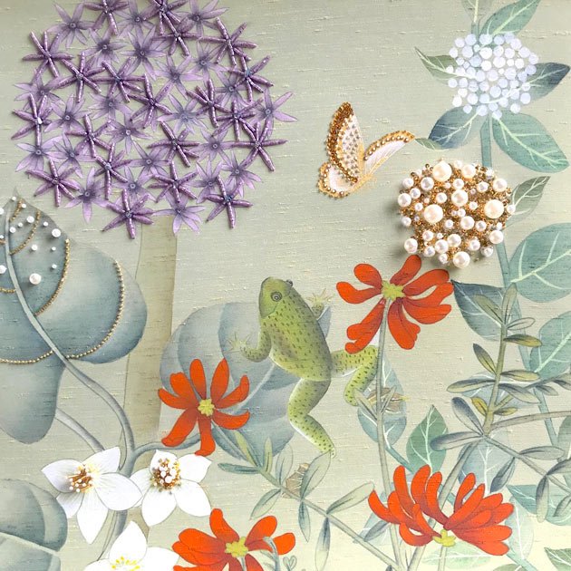  Hand-painted Thai silk wallpaper showcasing embroidered hydrangeas, allium giganteum, phragmites australis, along with a frog and butterfly, a masterpiece for luxurious spaces. 