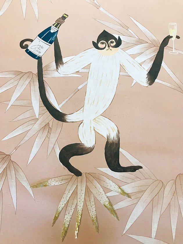  Designer bamboo jungle wallpaper with a mischievous monkey adventuring with a margarita glass, a playful choice for sophisticated interiors. 