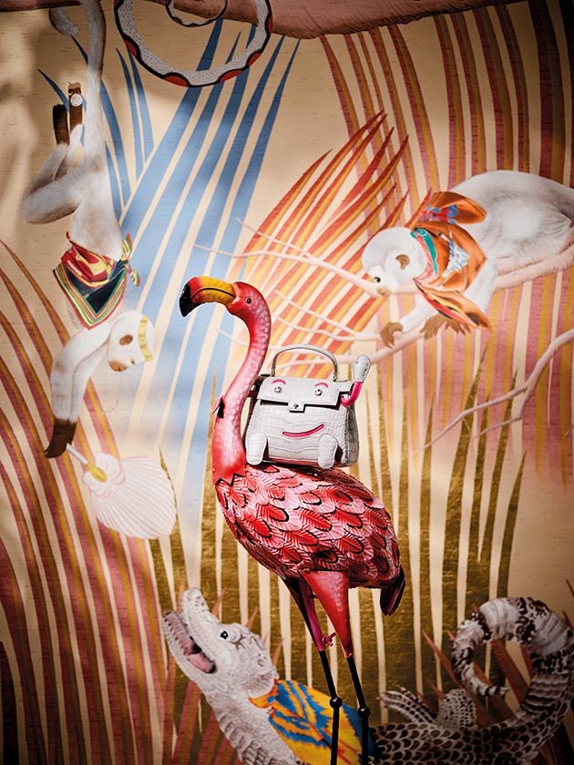  Whimsical luxury wallpaper scene with a flamingo and a white monkey, hand-painted for an opulent and unique interior decoration. 