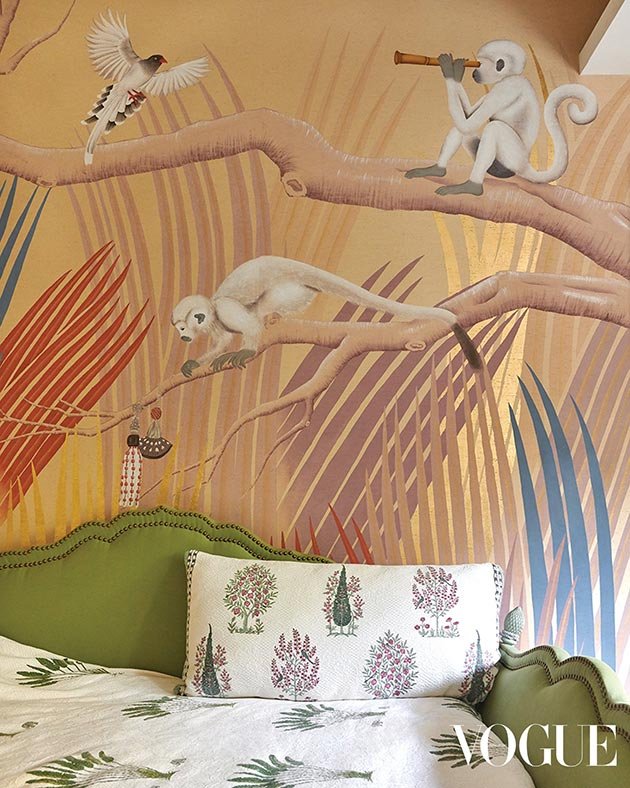  Hand-painted jungle safari wallpaper with vibrant colors, a mural of monkeys with binoculars, and gold leaf accents, a masterpiece for luxury interior decoration. 