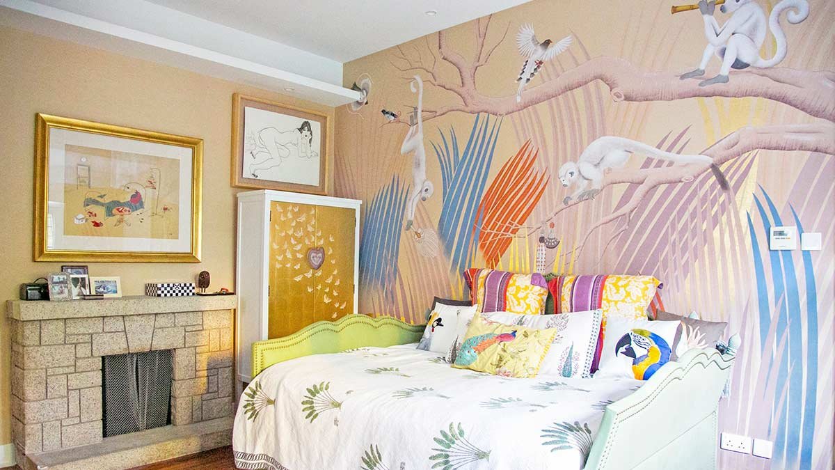  Elegant bedroom showcasing a luxury hand-painted wallpaper mural of monkeys on a daybed setting, blending seamlessly with high-end interior design. 