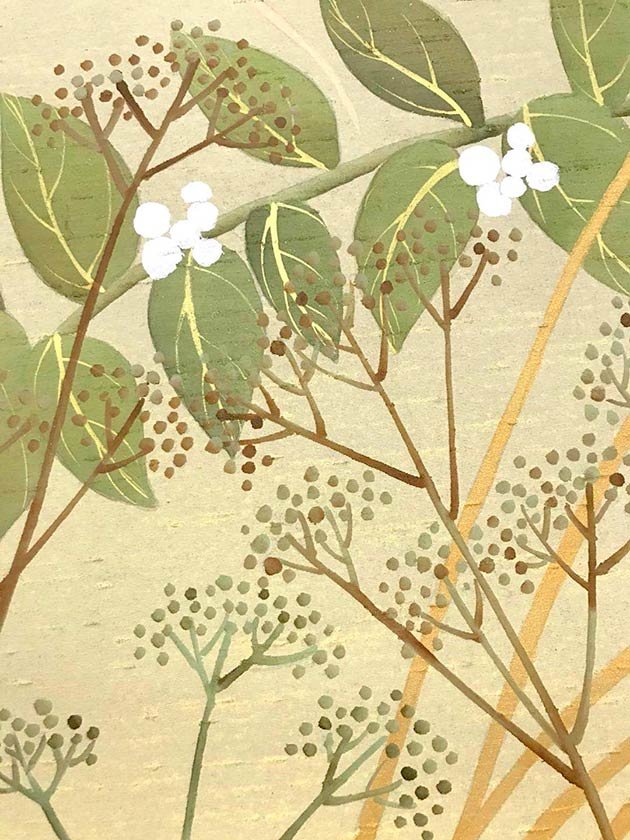  Designer embroidered wallpaper in white and green ikebana style, a close-up showcasing luxury craftsmanship for exclusive interiors. 