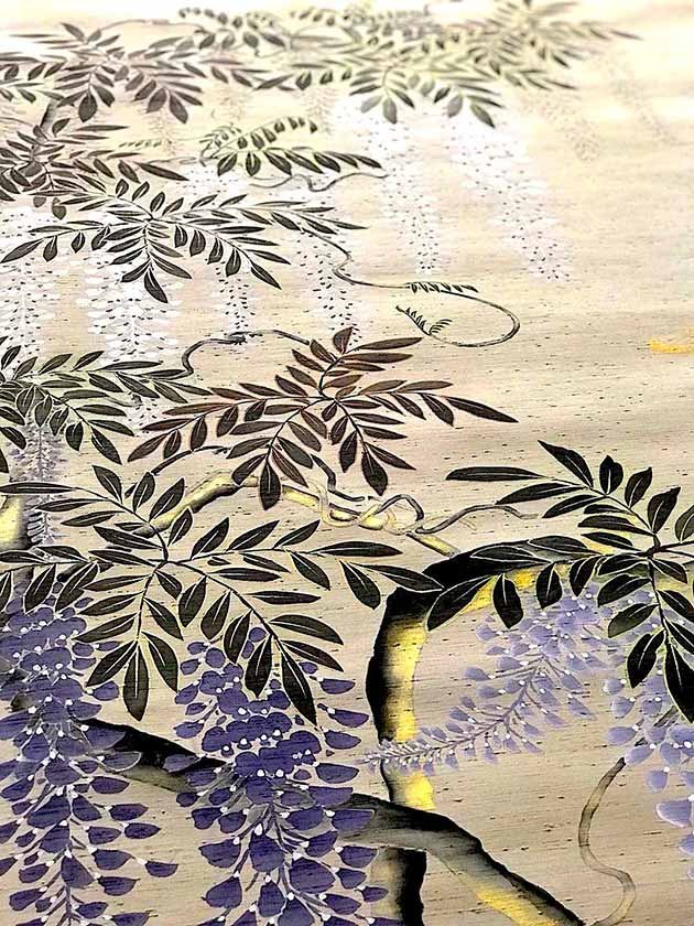  Blooming Wisteria Palace Designer Wallpaper: A luxury tree with rich purple flowers and translucent leaves on Thai silk for exclusive interior designs. 