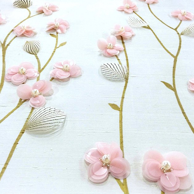  Designer Baby Blossoms Embroidered Wallpaper with a close-up of delicate light pink flowers, dark green leaves, and white pearls, enhancing luxury interior spaces with serene elegance. 