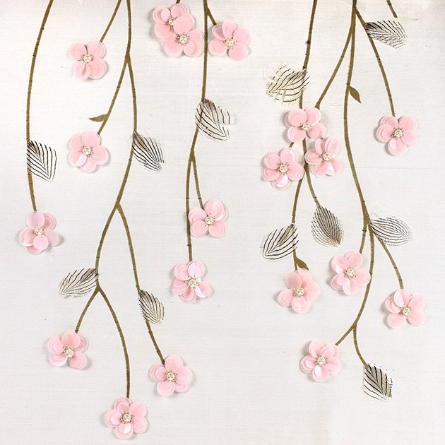  Designer Baby Blossoms Embroidered Wallpaper with a close-up of delicate light pink flowers, dark green leaves, and white pearls, enhancing luxury interior spaces with serene elegance. 