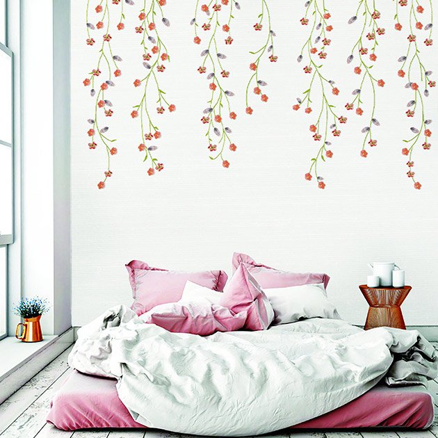  Serene bedroom accented with Baby Blossoms Embroidered Wallpaper, creating a gentle and calming atmosphere with luxury white flower patterns and blue accents. 