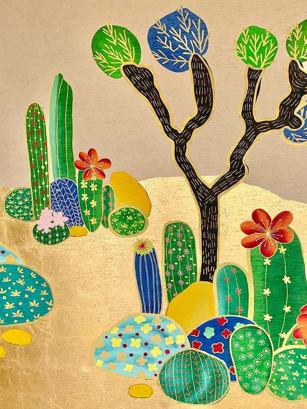  Designer Joshua Desert Scene on Hand-Painted Wallpaper: Featuring a standout Joshua tree amid colorful cactus and rocks, perfect for luxury interiors. 