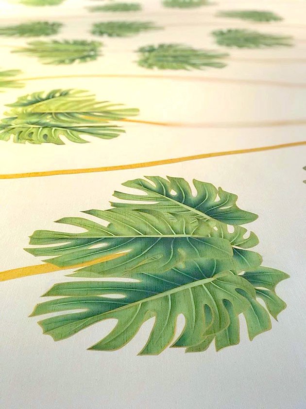  Dancing Palms Embellished Hand-Painted Wallpaper: A vibrant palm tree painted with intricate details, adding a lush, tropical touch to any space. 