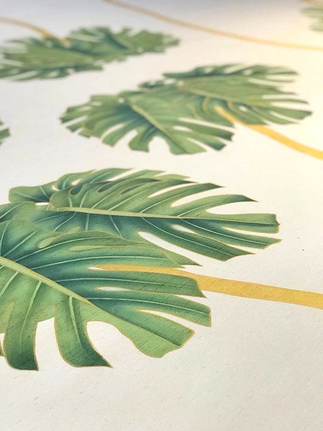  Dancing Palms Embellished Hand-Painted Wallpaper: A vibrant palm tree painted with intricate details, adding a lush, tropical touch to any space. 