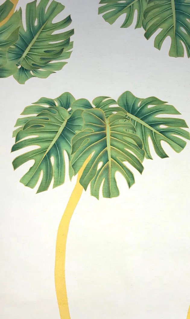  Dancing Palms Embellished Hand-Painted Wallpaper: A vibrant palm tree painted with intricate details, adding a lush, tropical touch to any space. 