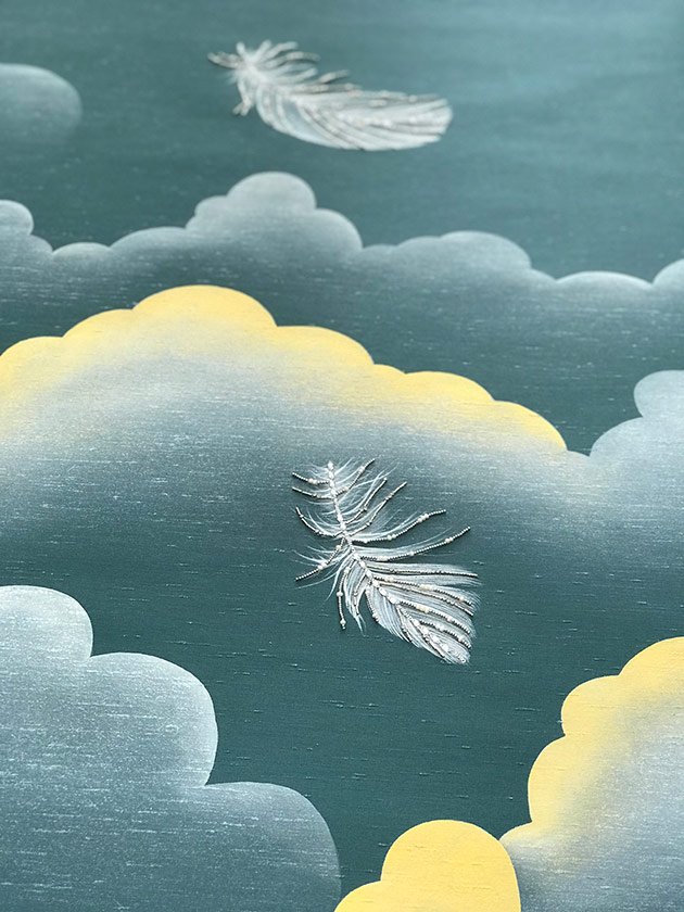  Sophisticated Cloud Nine Embellished Wallpaper: The elegance of white feathers floating in a green sky, perfect for tranquil luxury decor. 