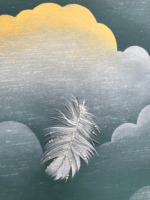  Tranquil Cloud Nine Hand-Painted Wallpaper: A single white feather floating in a clear green sky, embodying serenity for designer spaces. 