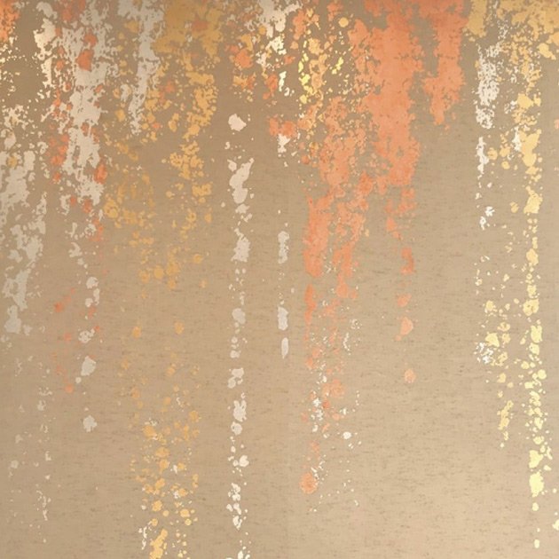  Sifting Sand Hand-Painted Wallpaper: A close-up of golden sand with artisanal metal leaves in gold, silver, &amp; copper, creating shimmering elegance for a calm and serene atmosphere, ideal for designer wallpapers in luxurious settings. 