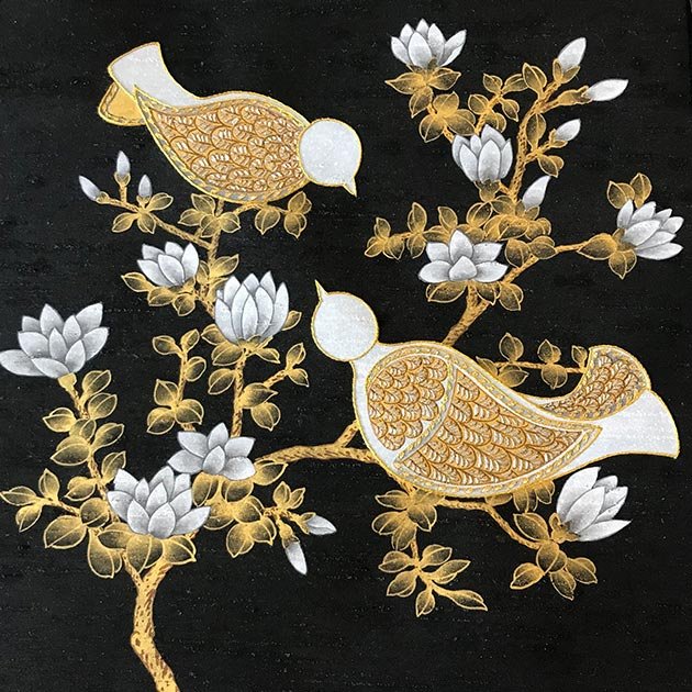  Luxury silk wallpaper with white and gold birds on a branch, detailed embroidery enriching sophisticated Secret Garden themes for high-end interiors. 