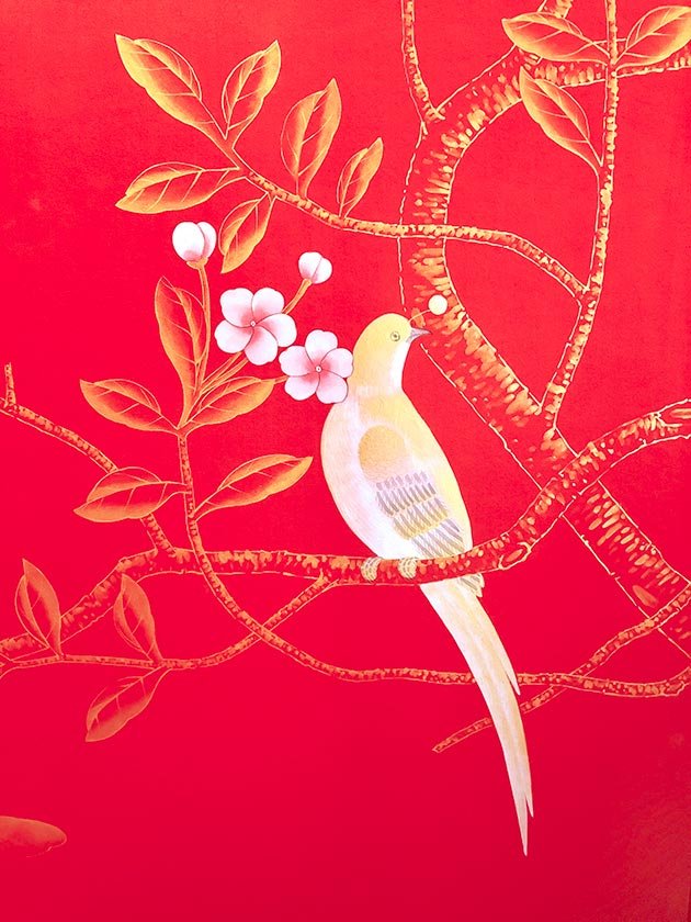 Delicate and romantic design featuring a white and gold bird on a tree branch with pink and white flowers, part of the Birds &amp; Butterflies Chinoiserie Wallpaper, suitable for elegant interior designs. 