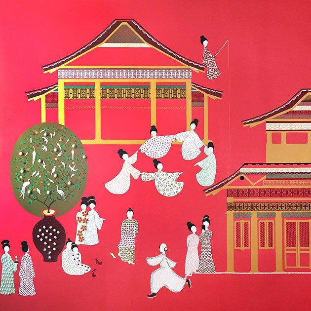 Pagoda Chinoiserie wallpaper showing a graceful woman with an umbrella on a red background, embodying the elegance of Imperial court life. 