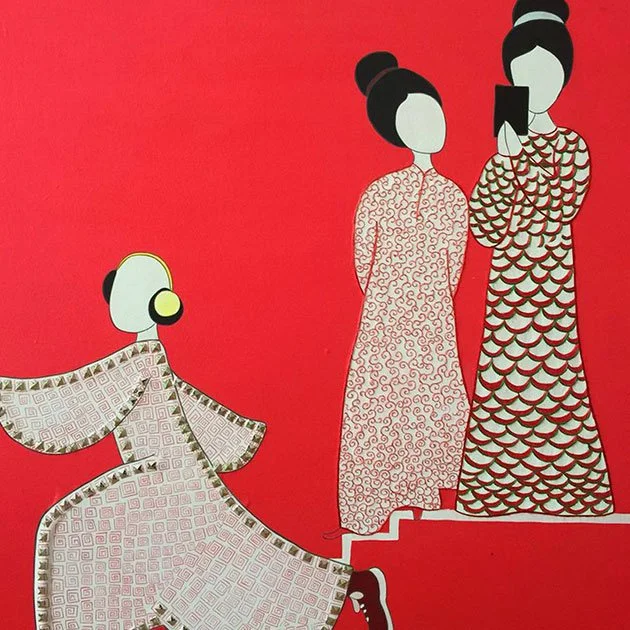  Elegant women in red and white dresses on a staircase, depicted in Pagoda Chinoiserie wallpaper, evoking an Imperial court ambiance suitable for sophisticated interiors. 