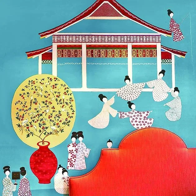  Serene Asian women in colorful kimonos on a blue wall, Pagoda Chinoiserie wallpaper evoking an Imperial court ambiance in a bedroom setting. 