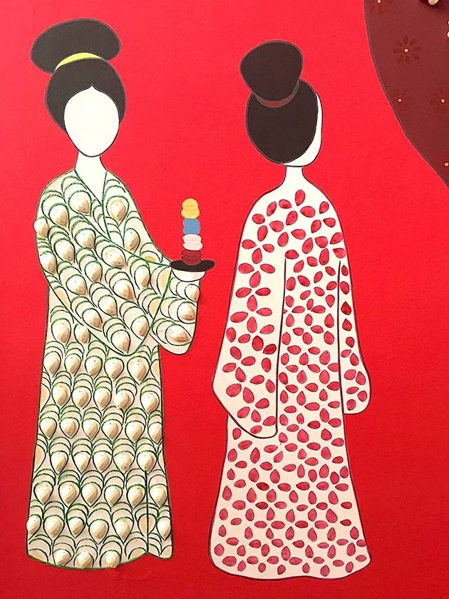  Pagoda Chinoiserie hand-painted wallpaper featuring serene women in kimonos on a red background, capturing the essence of Imperial court elegance. 