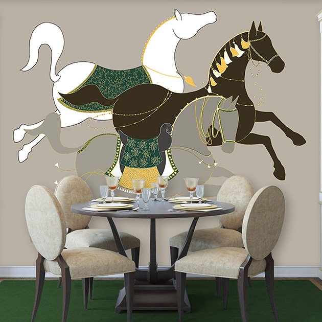  Persian Horse Chinoiserie hand-painted wallpaper in a dining room setting, featuring a majestic horse mural with a palette of white, brown, and green, enhancing the room's elegant ambiance. 