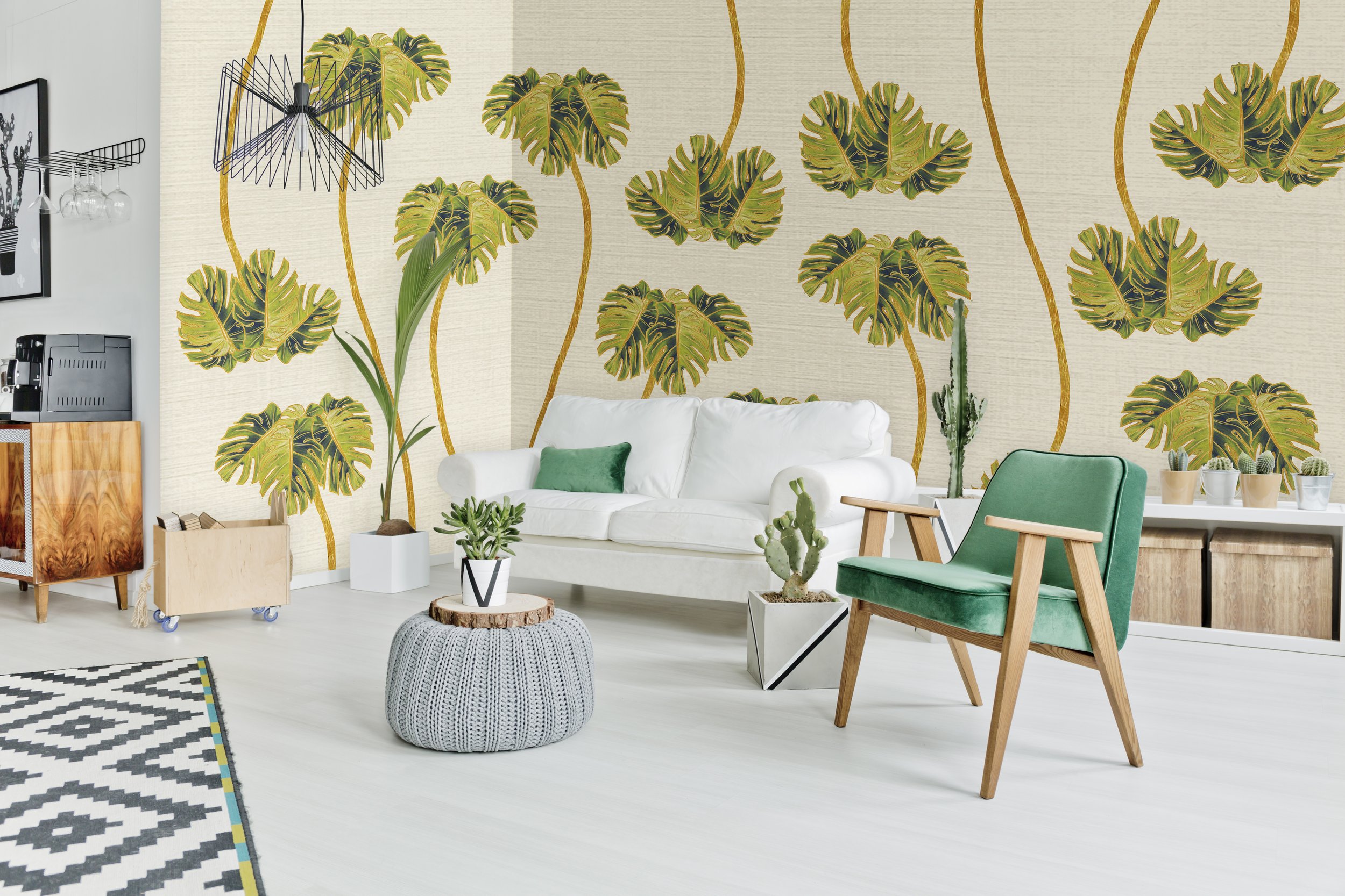   Dancing Palms Embellished Hand-Painted Wallpaper  