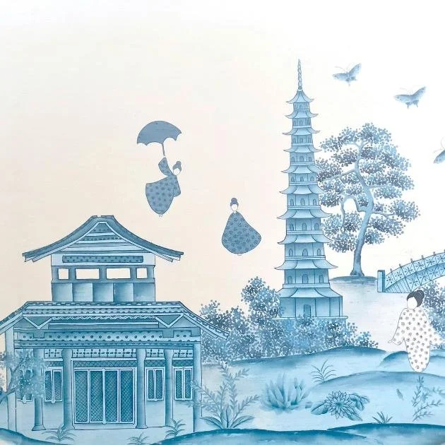 Chinoiserie Village Hand-Painted Wallpaper