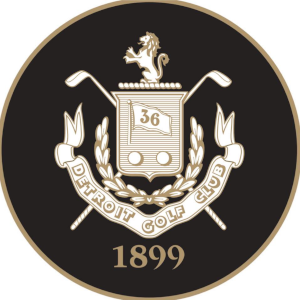 Emblem of the Detroit Golf Club featuring a shield with a lion, two golf clubs crossed behind, a banner reading 'Detroit Golf Club,' and the year 1899.