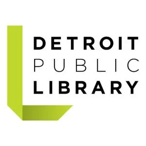 Logo of the Detroit Public Library featuring a green stylized 'L' shape and black text.