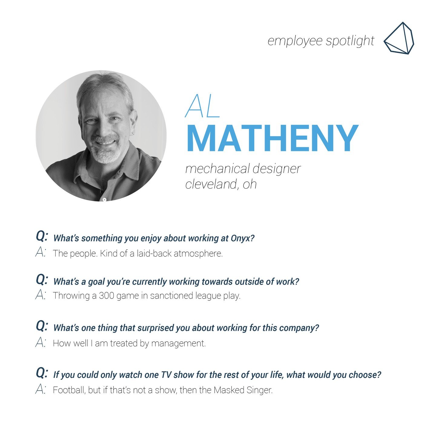 Congratulations to Al Matheny on being this month's employee spotlight! Al is a mechanical designer in our Cleveland office! Read more about his impact on our team below. 

#onyxcreative #employeespotlight #architecture #engineering #design
