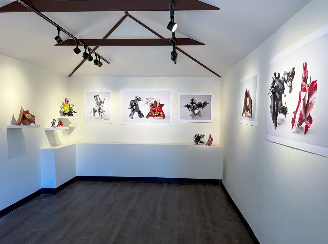 Installation view of Donnelly Marks' solo exhibition Power Play at Garage Art Center, featuring abstract sculptures and photographs.